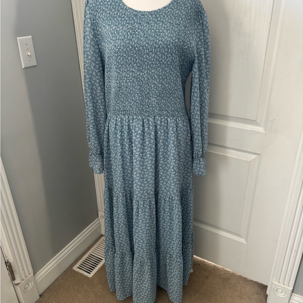 Elegant Blue Long Sleeve Smocked Tiered Dress